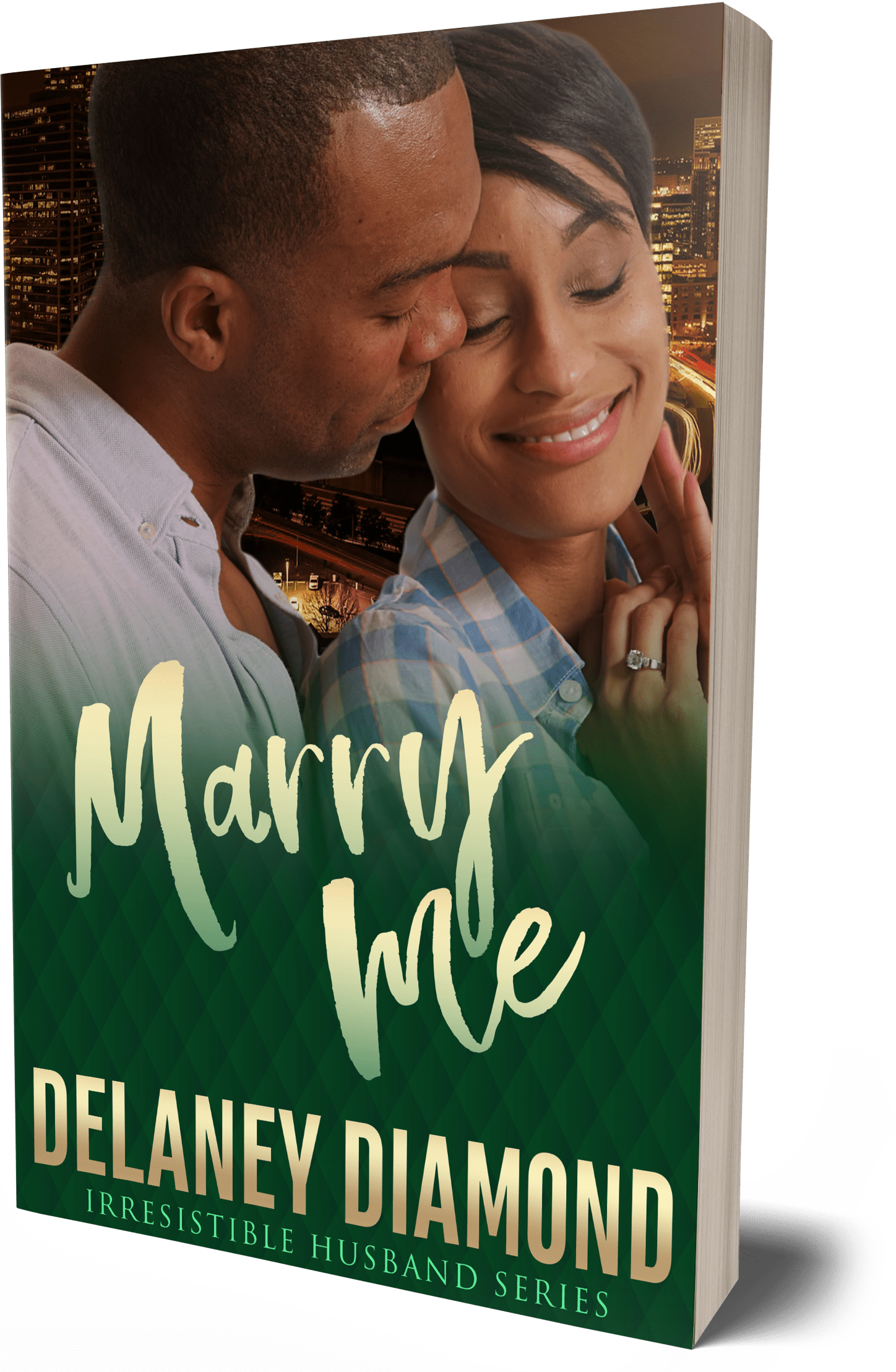 man and woman on green cover with cityscape
