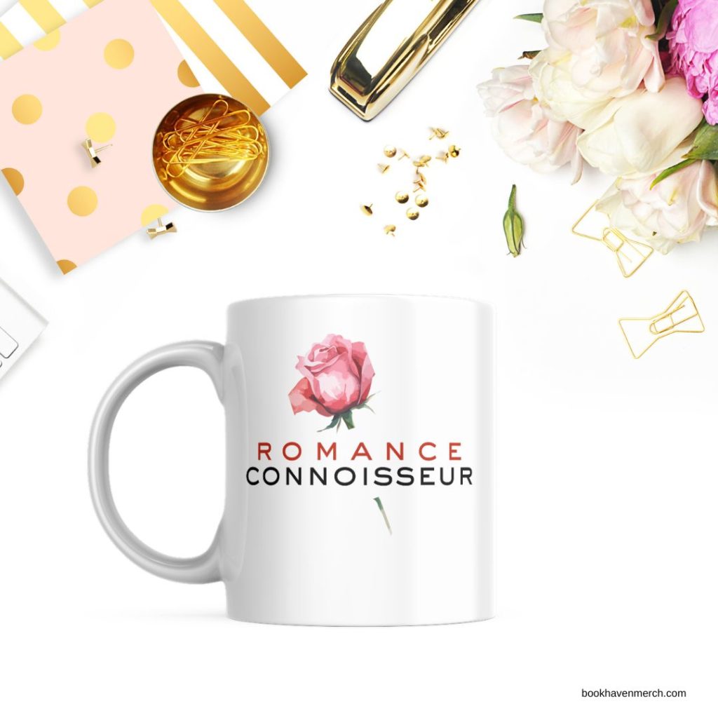 white mug with rose and romance connoisseur text
