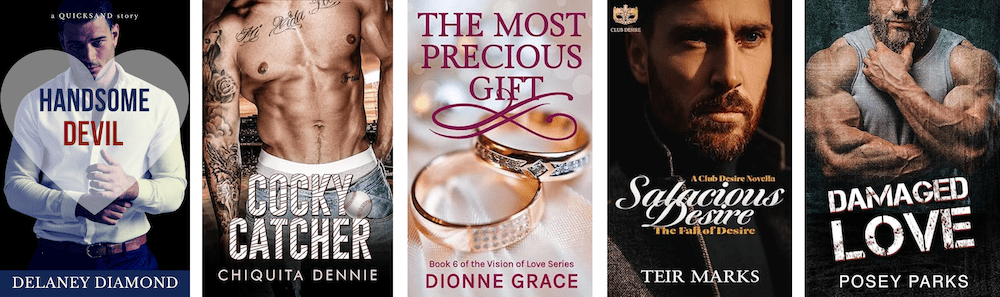 Book covers of five romance authors